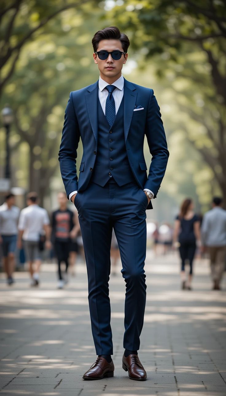 Stylish Dark Blue Three-Piece Suit in Serene Park Setting Stylish Dark Blue Three-Piece Suit in Serene Park Setting